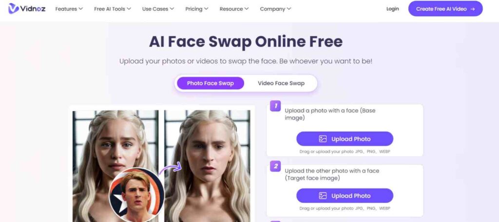 AI Face Swap By Vidnoz tool